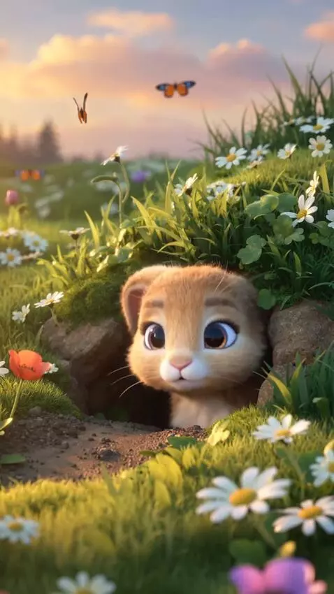 AI Video from prompt: cute fluffy brown bunny coming out of a small bu