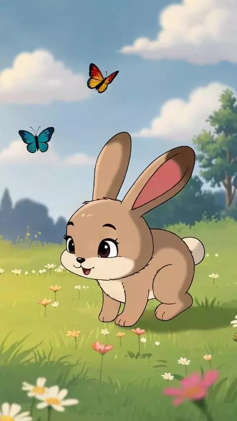 AI Video from prompt: cute fluffy brown bunny happily hopping through 