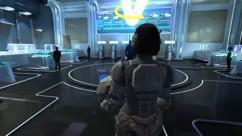 AI Video from prompt: A woman in armor approaches the command and repo