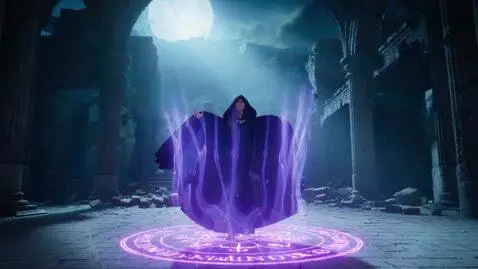 AI Video from prompt: A dark fantasy cinematic scene in a ruined ancie