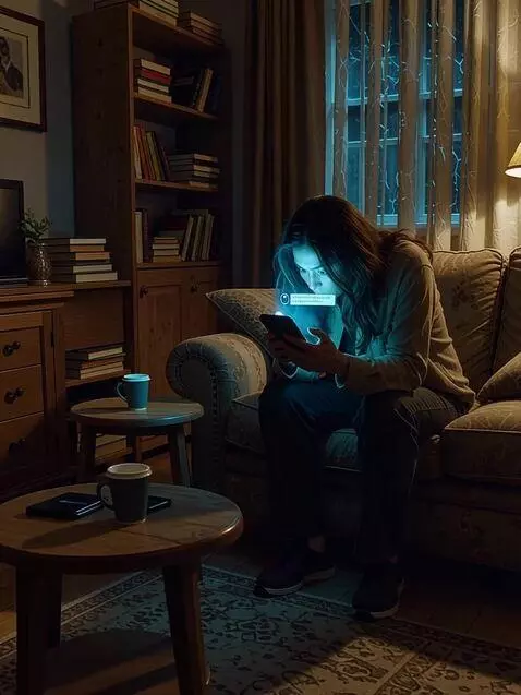 AI Video from prompt: A person sitting alone in a dark apartment at ni