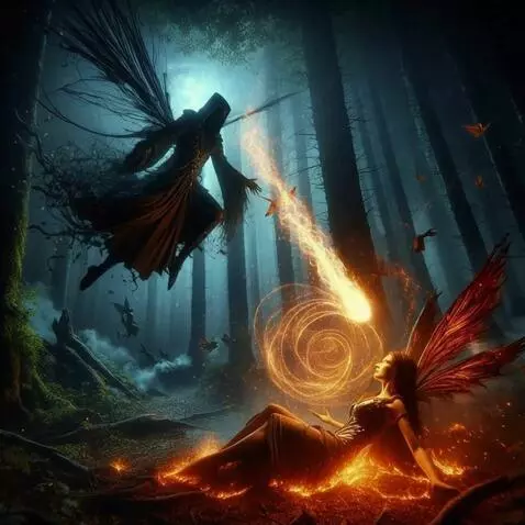 AI Video from prompt: Dark fantasy forest, villain Dark Fairy floating