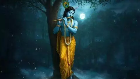 AI Video from prompt: gentle cinematic camera pan toward Krishna stand