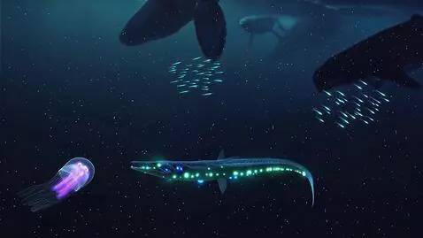 AI Video from prompt: The darkest part of the ocean abyss, strange glo