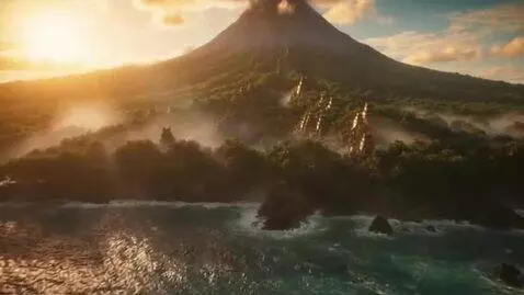 AI Video from prompt: Aerial drone shot sweeping over a mysterious, fo