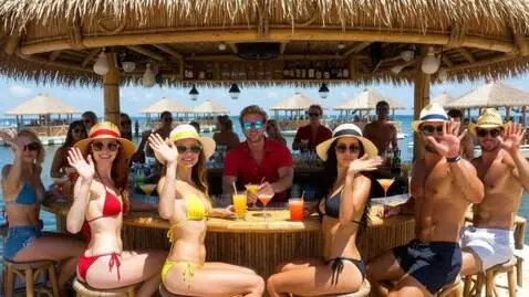 AI Video from prompt: Women wearing the red bikini smiling waving with