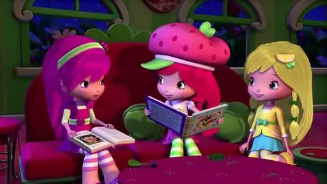 AI Video from prompt: Cherry Jam, Strawberry Shortcake with a book and