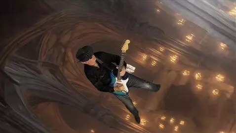 AI Video from prompt: the guitarist plays a dramatic solo, the camera 