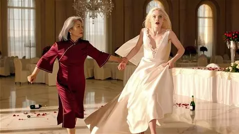 AI Video from prompt: A 65-year-old gray-haired mother of the groom ru