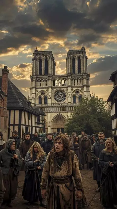 AI Video from prompt: The hunchback Quasimodo lifts his head up and sa