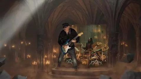 AI Video from prompt: the Drummer and the guitarist play the song as t