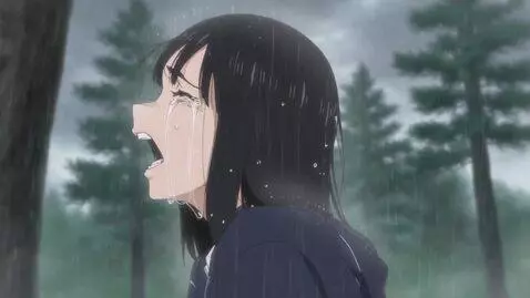 AI Video from prompt: Cartoon girl crying in the rain with forest in b