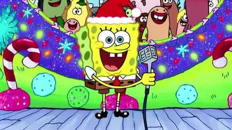 AI Video from prompt: SpongeBob with a Santa hat holds the microphone 