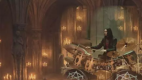 AI Video from prompt: the drummer plays the beat, fixed camera shot