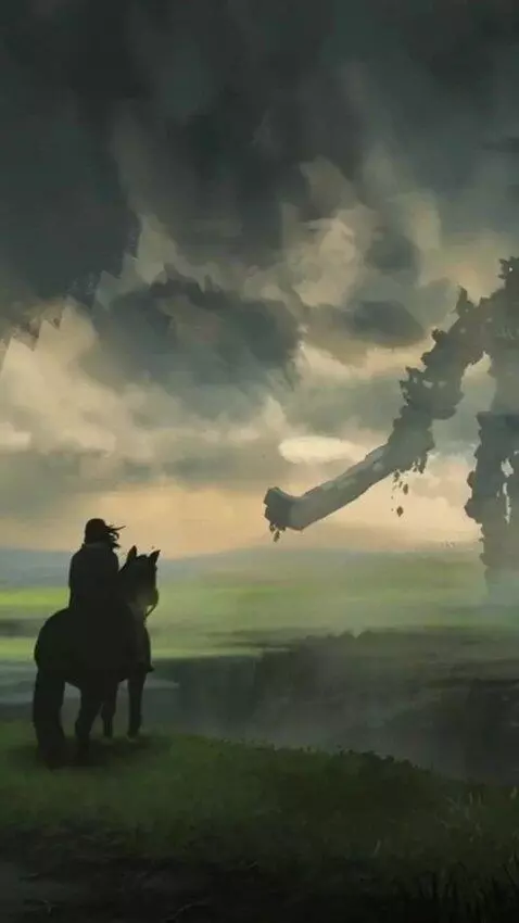 AI Video from prompt: The man on the horse watches the distant titan w