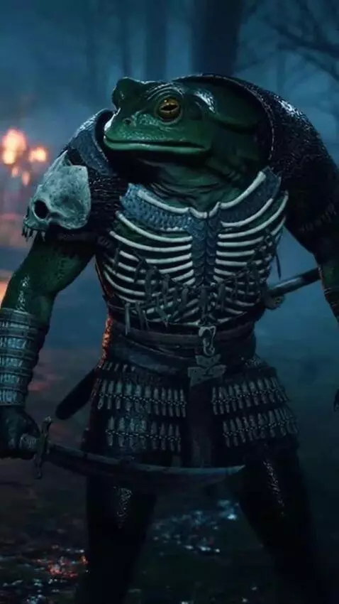 AI Video from prompt: Frog assasin with sword and armor of bones on ni