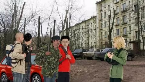 AI Video from prompt: A girl with a camera turns to the men and films 