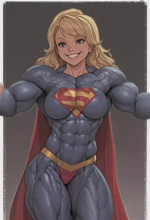 AI Video from prompt: Supergirl muscular, posing with smile, flexing b