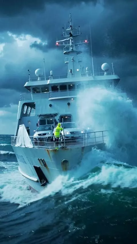 AI Video from prompt: Hyper-realistic cinematic scene of a ferry durin