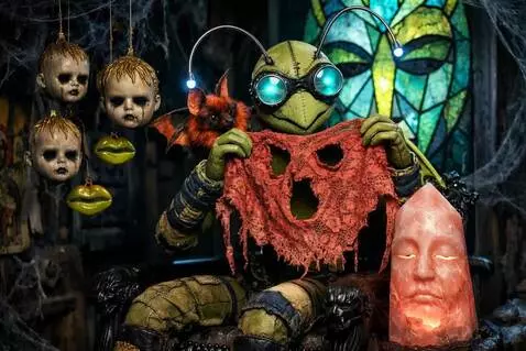 AI Video from prompt: The doll heads watch as the puppet places the la