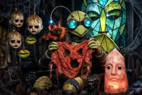 AI Video from prompt: The doll heads watch as the puppet places the la