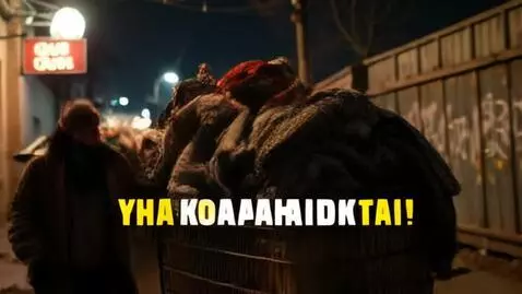 AI Video from prompt: A homeless man in ragged clothes pushes a shoppi