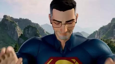 AI Video from prompt: make this person smile then turn into a super he