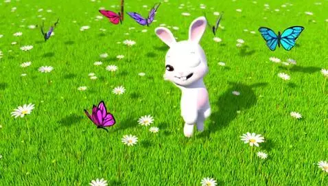 AI Video from prompt: Cute little white rabbit jumping happily in a gr