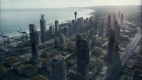 AI Video from prompt: Cinematic hyper-realistic aerial view of a post-