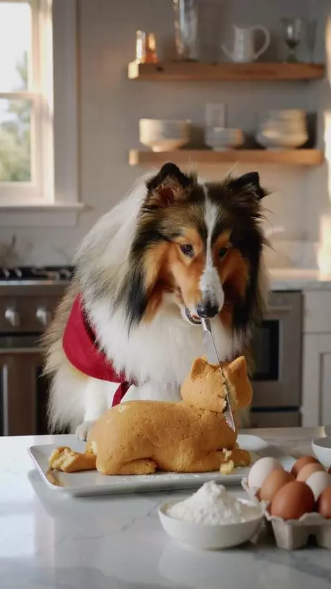 AI Video from prompt: a shetland sheepdog is cutting with knife a cake
