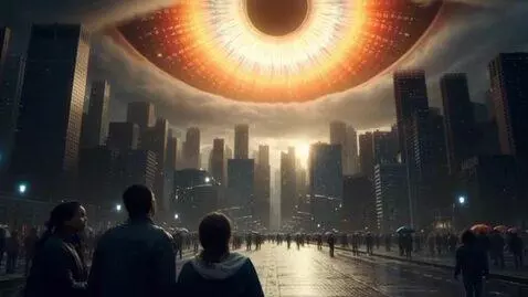 AI Video from prompt: A giant glowing AI eye in the sky, similar to Sa