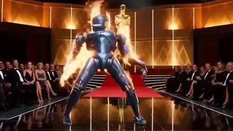 AI Video from prompt: An advanced dancing robot, on fire on a big movi