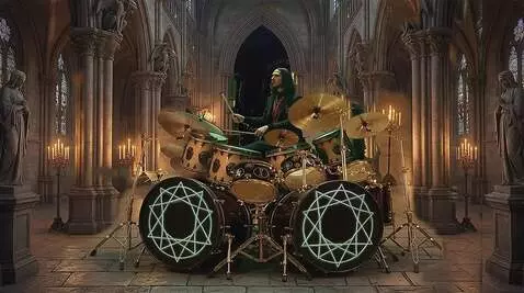 AI Video from prompt: the drummer plays the beat in the vast Gothic ha