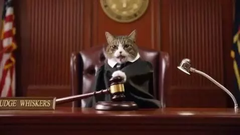 AI Video from prompt: "A serious courtroom with a cat as the judge, su