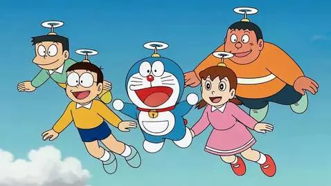 AI Video from prompt: Doraemon 1979 characters flying in the sky. Dora