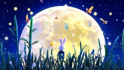 AI Video from prompt: Cute baby rabbit looking at the big glowing moon