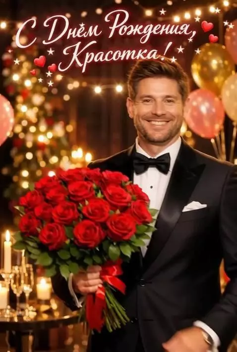 AI Video from prompt: He walks smiles and extends his hand with a bouq