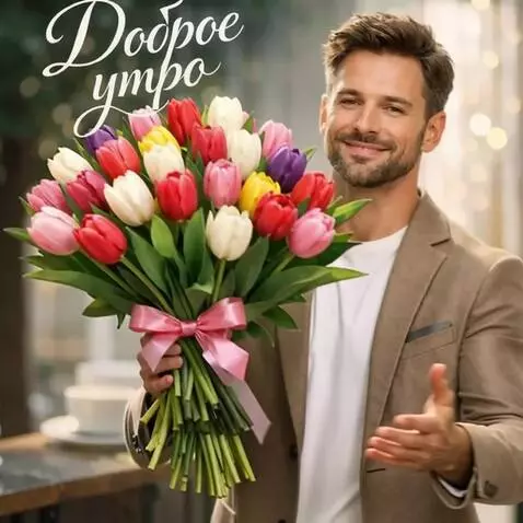 AI Video from prompt: He walks smiles and extends his hand with a bouq