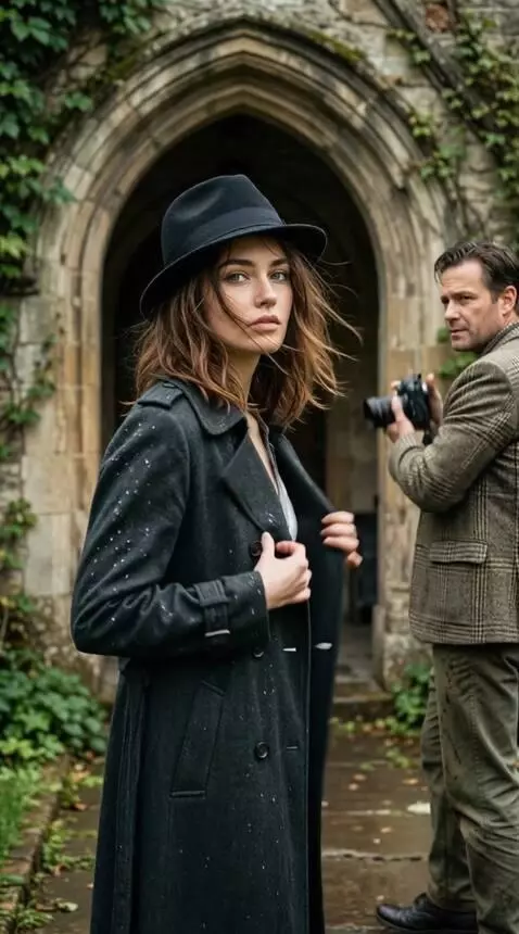 AI Video from prompt: The woman takes off her coat, throws it on the g