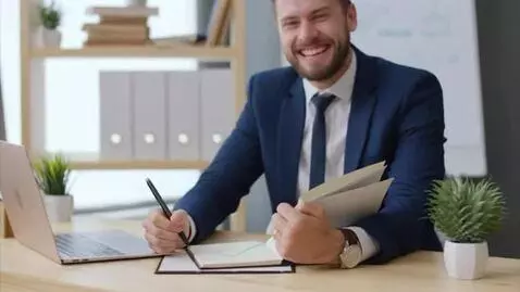 AI Video from prompt: A satisfied businessman puts a check mark in his