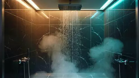 AI Video from prompt: "Anime style luxury shower cabin interior, glass