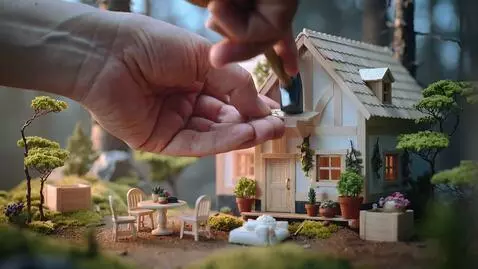 AI Video from prompt: A giant human hand constructing a tiny aesthetic