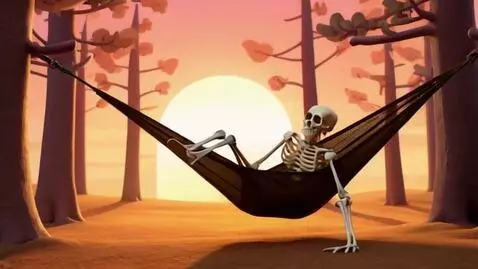 AI Video from prompt: A realistic human skeleton lying on a hammock ti