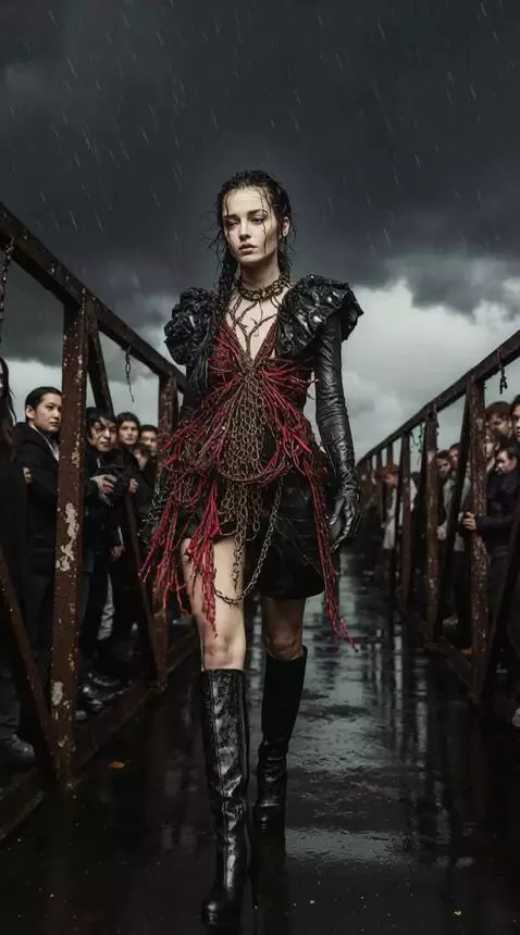 AI Video from prompt: A fashion show in the rain; a woman walks with a