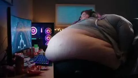 AI Video from prompt: gamer woman becomes gigantic and fat, muti-stage