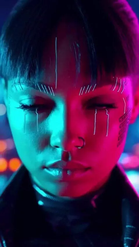 AI Video from prompt: cyberpunk woman opening eyes suddenly, neon refl