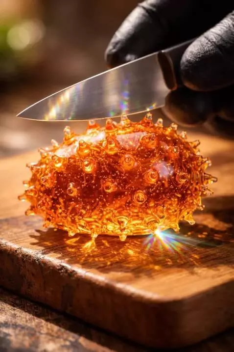 AI Video from prompt: Nice and slowly cut this kiwano made of glass an