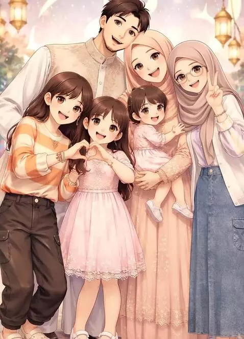 AI Video from prompt: anime style Muslim family exactly matching the i