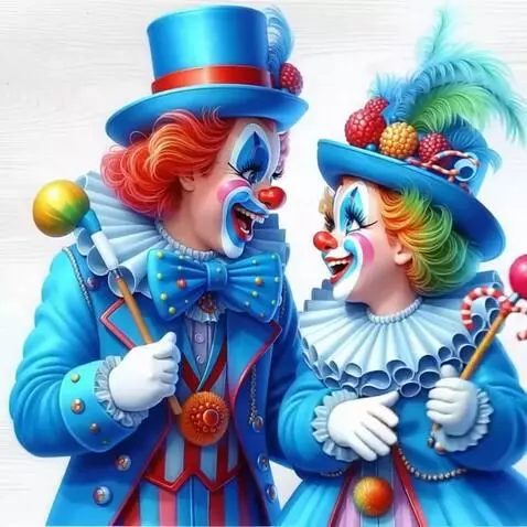 AI Video from prompt: The Clowns look at each other, laug and wave the