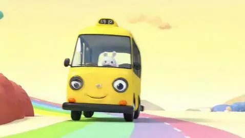 AI Video from prompt: yellow bus wheels spinning on road, cute little 